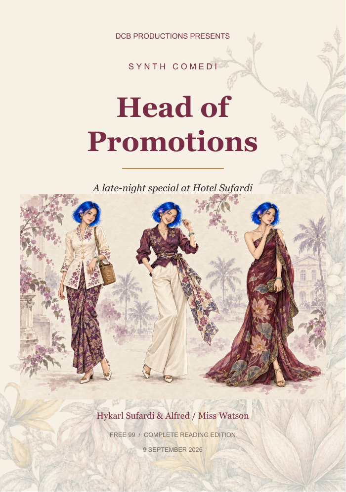 Head of Promotions: Miss Watson in three batik outfits, surrounded by flowers.