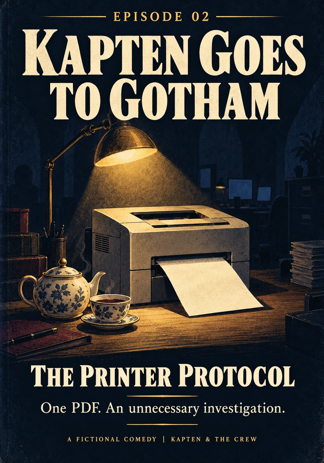 Illustrated cover of The Printer Protocol, with an office printer and Earl Grey under a dramatic desk lamp